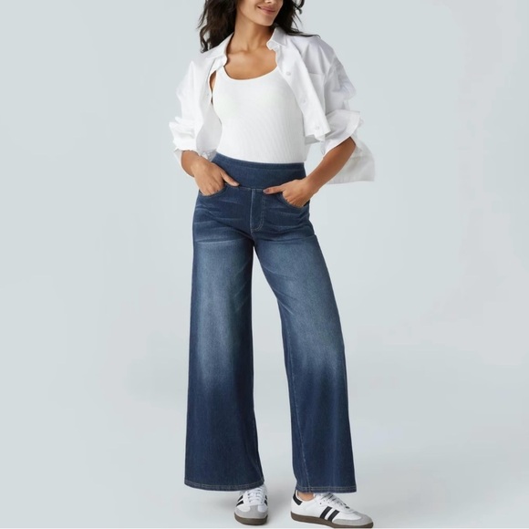 HALARA Denim - Halara NWT Bright Blue Flex High Waisted Pockets Wide Leg Washed Stretchy Jeans